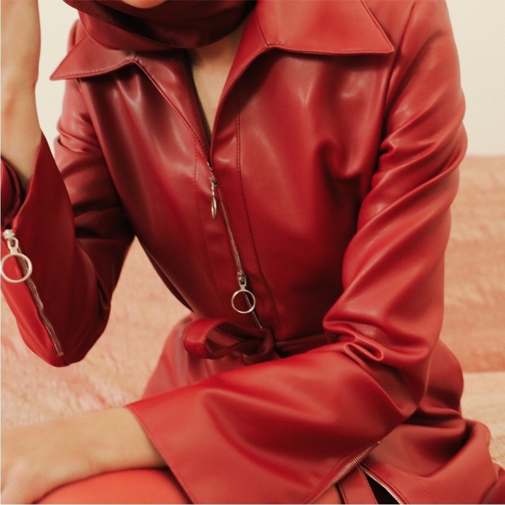 Orseund Iris Red Vegan Leather Belted Trench Coat Jacket Statement Designer L - Picture 5 of 15